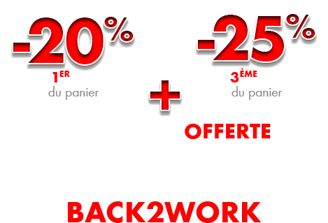 -20% sur le 1er article et -25% sur le 3e article et livraison offerte !